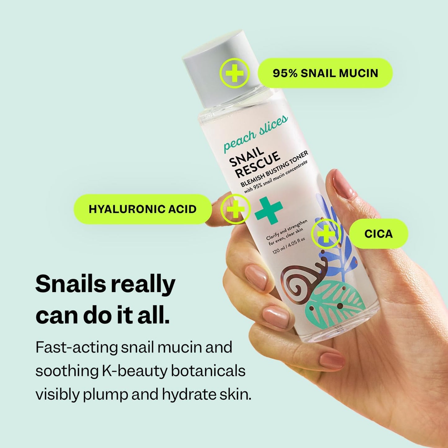 Peach Slices | Snail Rescue Blemish Busting Toner | 95% Snail Mucin | Pore Cleaner | Hydrates & Balances | Korean Skin Care | CICA | Hyaluronic Acid | Non-Comedogenic | Cruelty-Free | 4.05 oz
