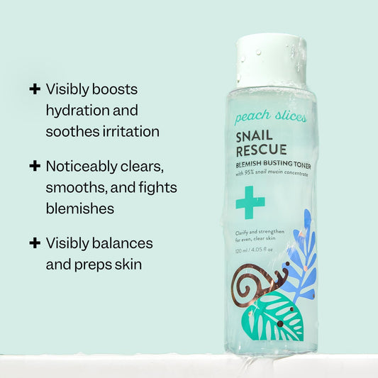 Peach Slices | Snail Rescue Blemish Busting Toner | 95% Snail Mucin | Pore Cleaner | Hydrates & Balances | Korean Skin Care | CICA | Hyaluronic Acid | Non-Comedogenic | Cruelty-Free | 4.05 oz